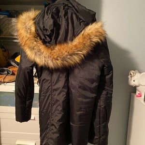 Black Maternity winter coat with faux fur hood